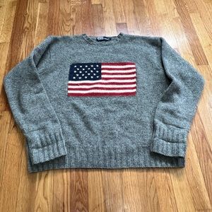 Polo Ralph Lauren Sweater Size Large Gray Wool American Flag Vintage